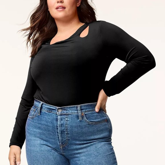 ❤️NWT INTEMPO PLUS SIZE BODYSUIT - BLACK CUTOUT ACCENT SNAP CROTCH - LIKE TORRID - Picture 1 of 7